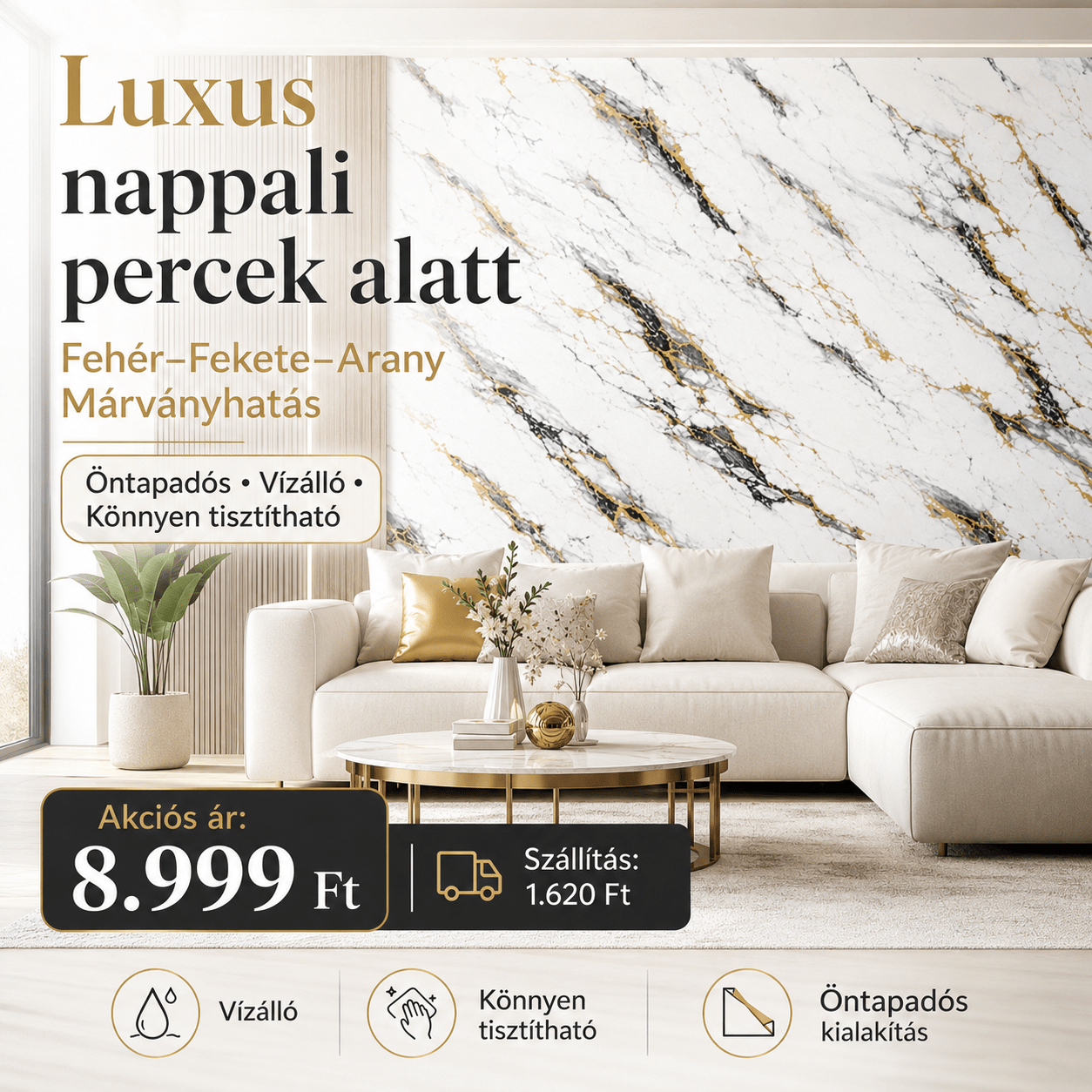 Arany Márványhatású Öntapadós Falmatrica 3 × 1,2 m - | Cyber Bazaar