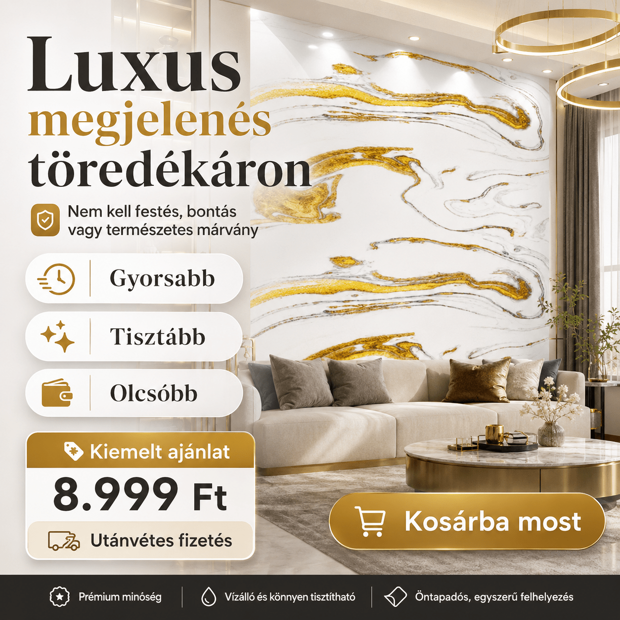 Arany Márványhatású Öntapadós Falmatrica 3 × 1,2 m - | Cyber Bazaar