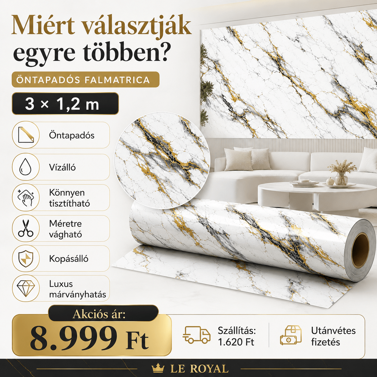 Arany Márványhatású Öntapadós Falmatrica 3 × 1,2 m - | Cyber Bazaar
