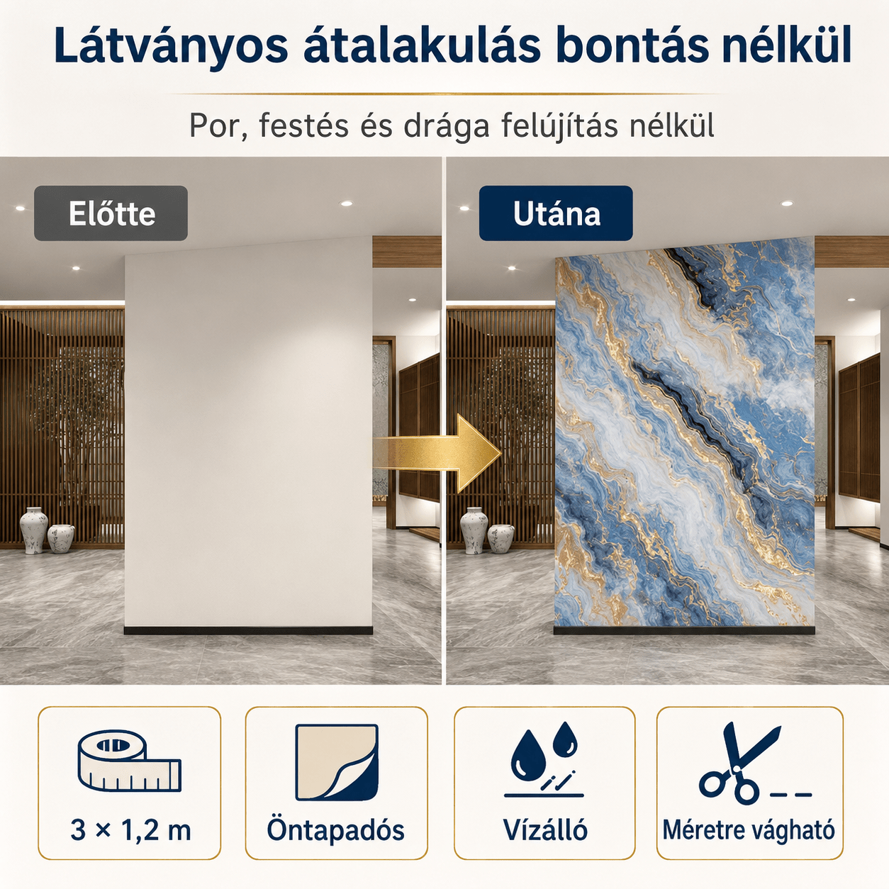 Arany Márványhatású Öntapadós Falmatrica – 3 × 1,2 m - | Cyber Bazaar