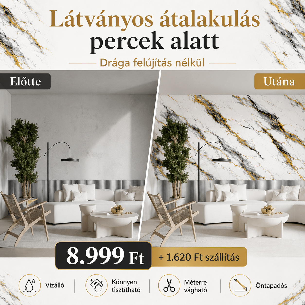 Arany Márványhatású Öntapadós Falmatrica 3 × 1,2 m - | Cyber Bazaar
