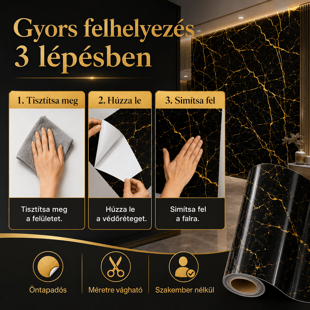 Arany Márványhatású Öntapadós Falmatrica – 3 × 1,2 m - | Cyber Bazaar