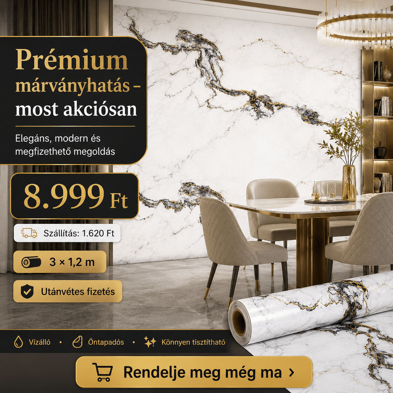 Arany Márványhatású Öntapadós Falmatrica 3 × 1,2 m - | Cyber Bazaar