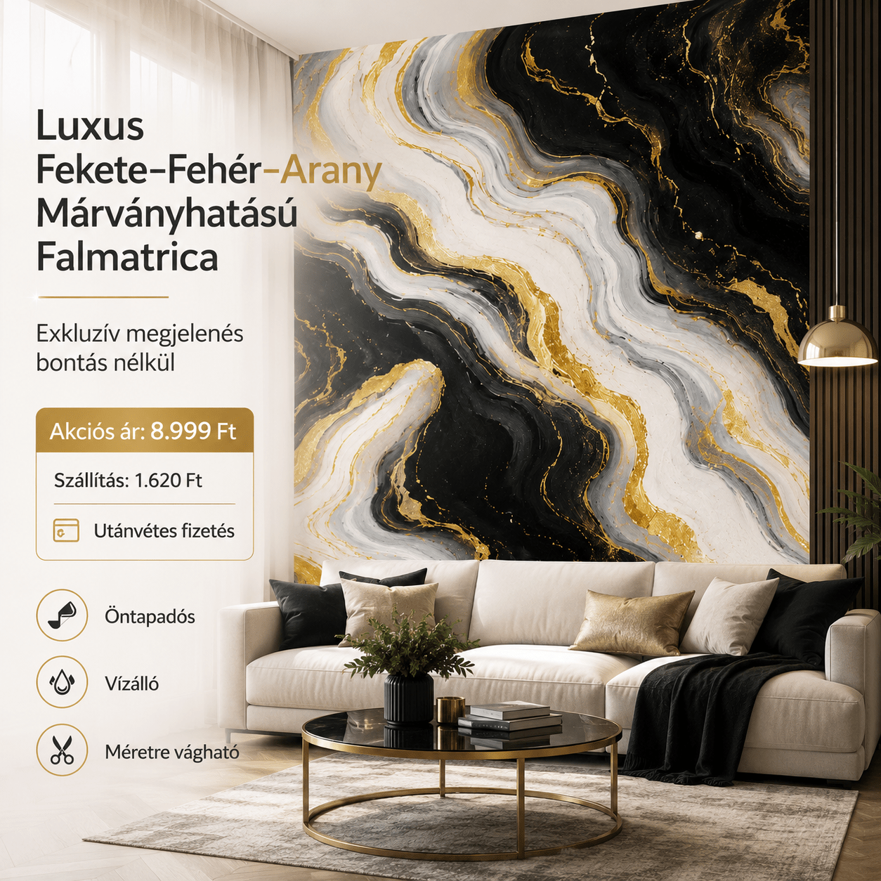 Arany Márványhatású Öntapadós Falmatrica 3 × 1,2 m - | Cyber Bazaar