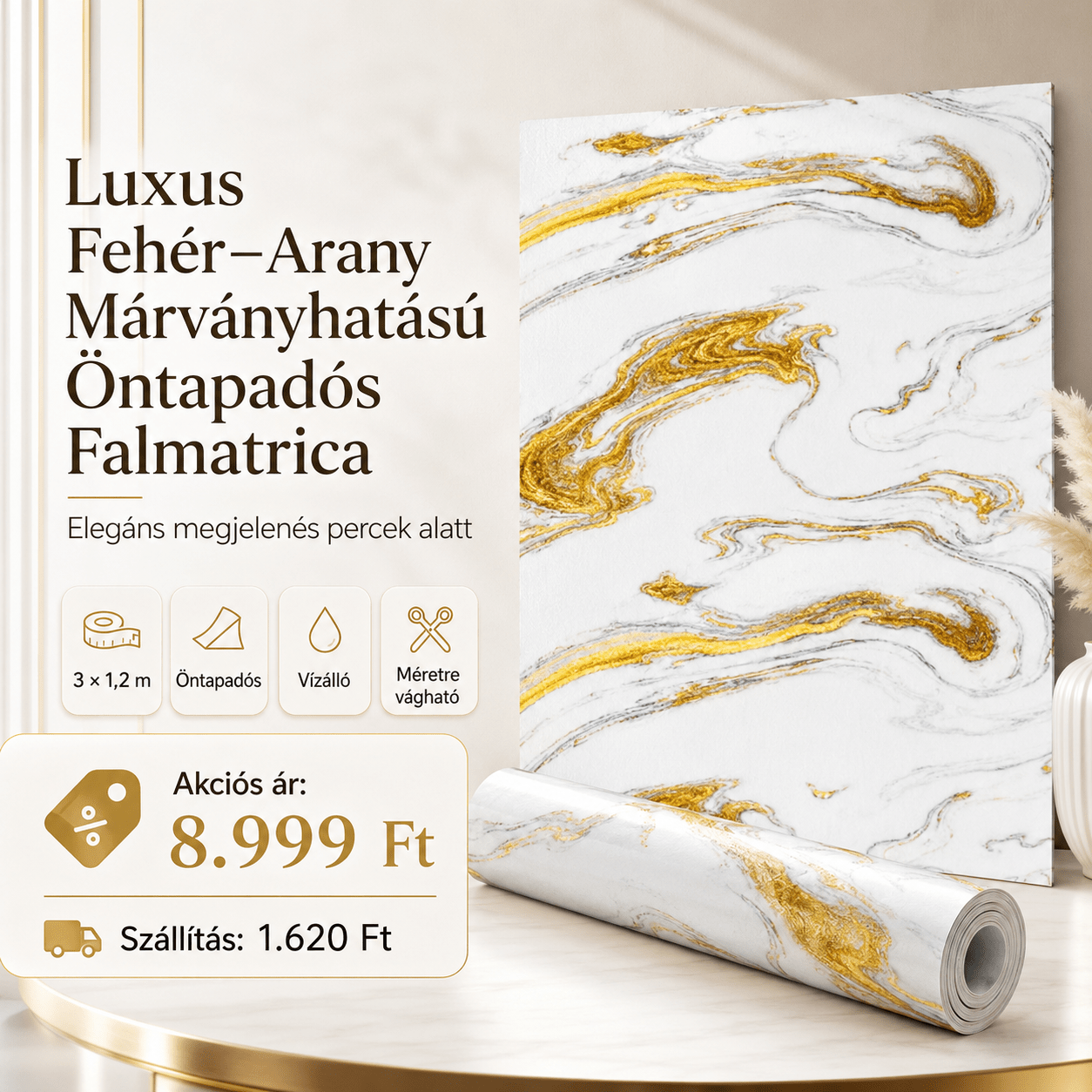 Arany Márványhatású Öntapadós Falmatrica 3 × 1,2 m - | Cyber Bazaar