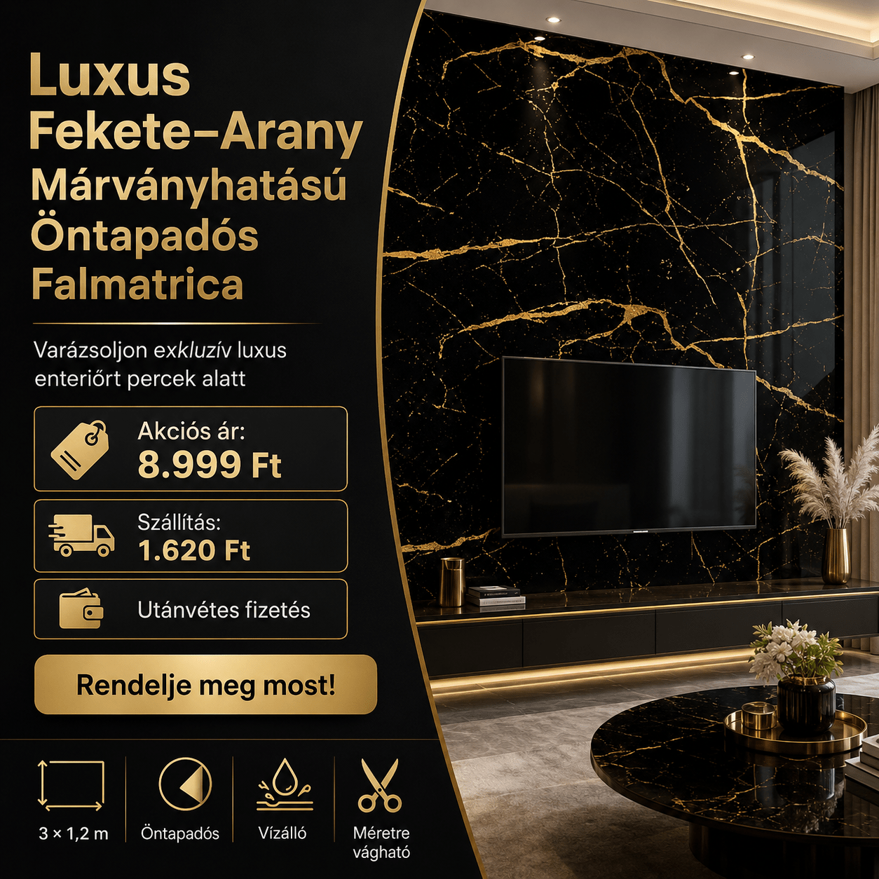Arany Márványhatású Öntapadós Falmatrica – 3 × 1,2 m - | Cyber Bazaar