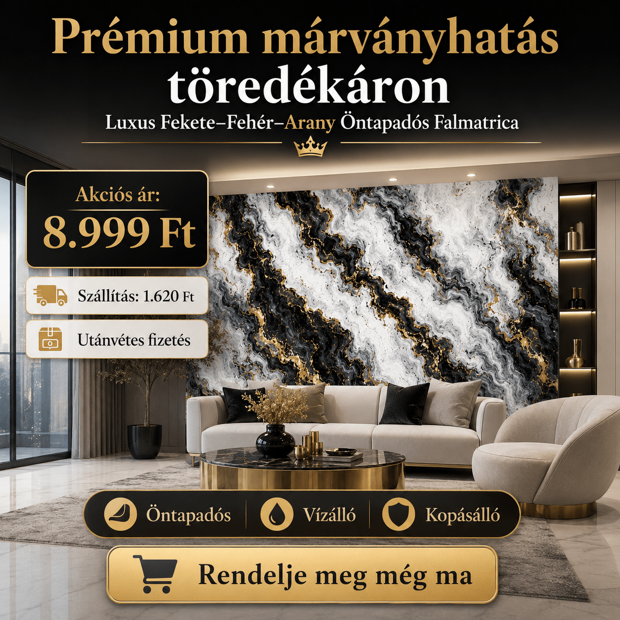 Arany Márványhatású Öntapadós Falmatrica 3 × 1,2 m - | Cyber Bazaar