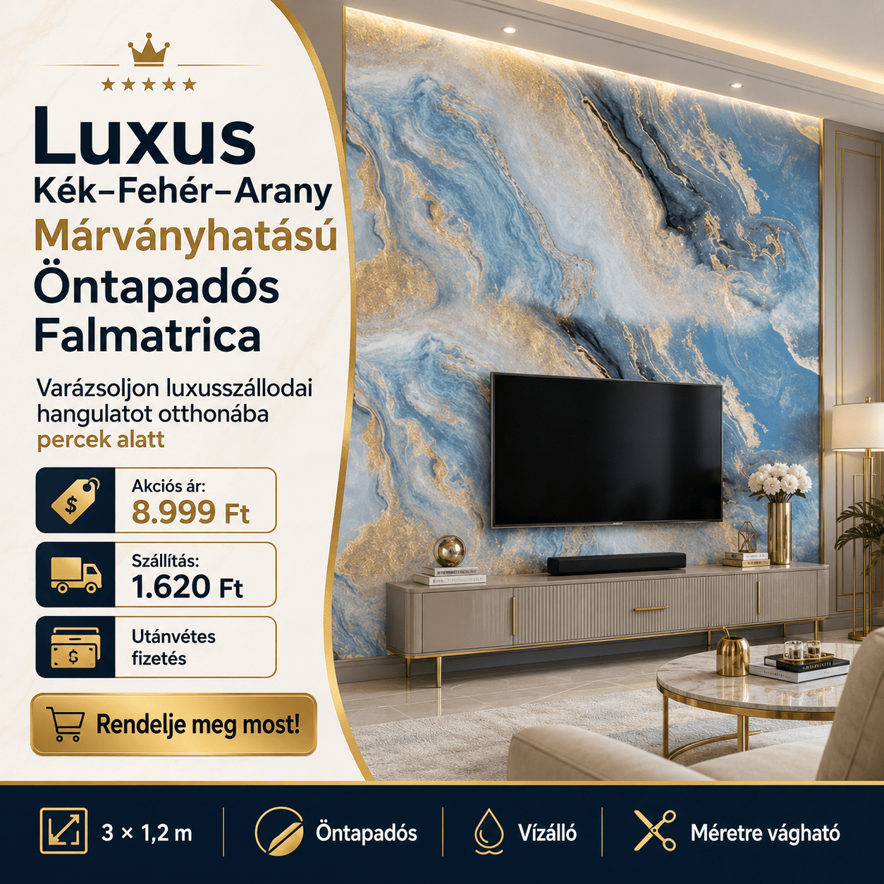 Arany Márványhatású Öntapadós Falmatrica – 3 × 1,2 m - | Cyber Bazaar