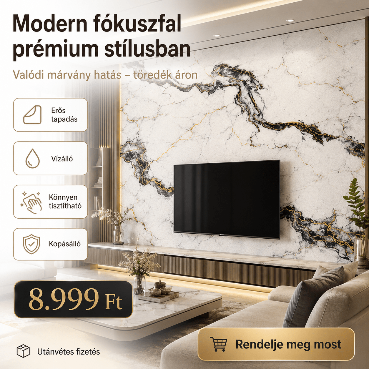 Arany Márványhatású Öntapadós Falmatrica 3 × 1,2 m - | Cyber Bazaar
