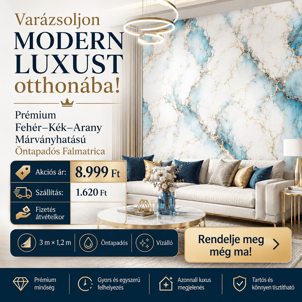 Arany Márványhatású Öntapadós Falmatrica 3 m × 1,2 m - | Cyber Bazaar