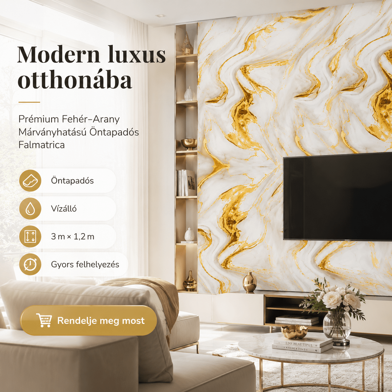 Arany Márványhatású Öntapadós Falmatrica 3 m × 1,2 m - | Cyber Bazaar