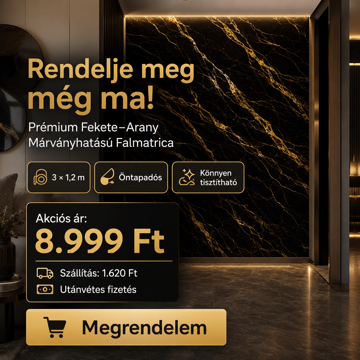 Arany Márványhatású Öntapadós Falmatrica 3 m × 1,2 m - | Cyber Bazaar