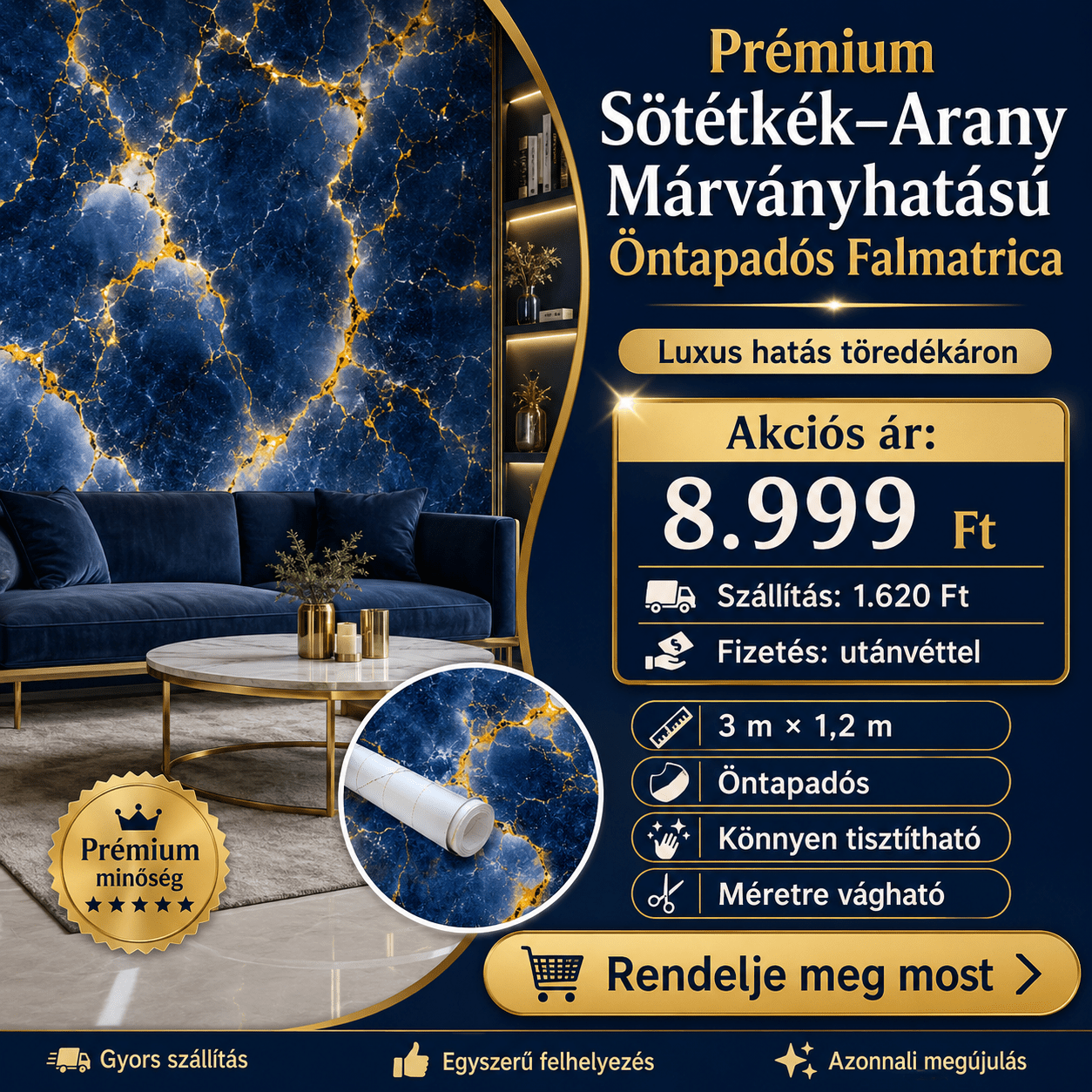 Arany Márványhatású Öntapadós Falmatrica 3 m × 1,2 m - | Cyber Bazaar