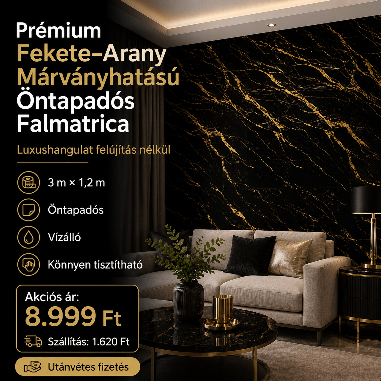 Arany Márványhatású Öntapadós Falmatrica 3 m × 1,2 m - | Cyber Bazaar