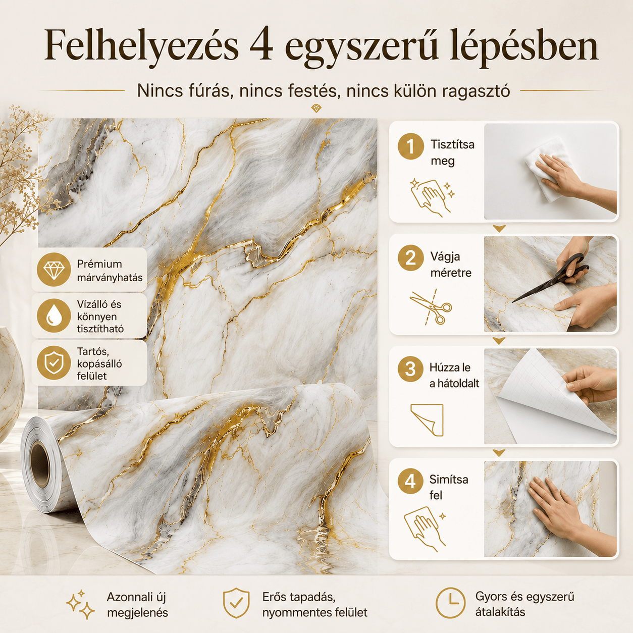 Arany Márványhatású Öntapadós Falmatrica 3 m × 1,2 m - | Cyber Bazaar