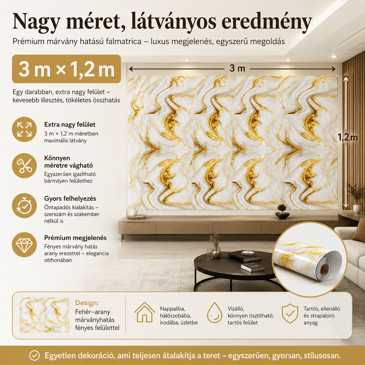 Arany Márványhatású Öntapadós Falmatrica 3 m × 1,2 m - | Cyber Bazaar