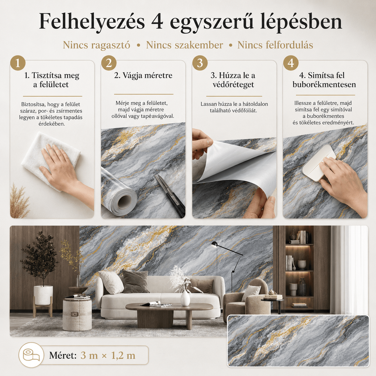 Arany Márványhatású Öntapadós Falmatrica 3 m × 1,2 m - | Cyber Bazaar