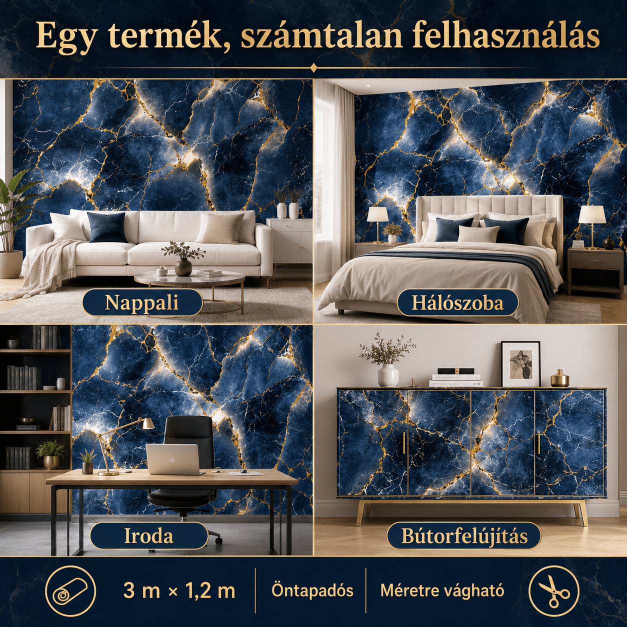 Arany Márványhatású Öntapadós Falmatrica 3 m × 1,2 m - | Cyber Bazaar