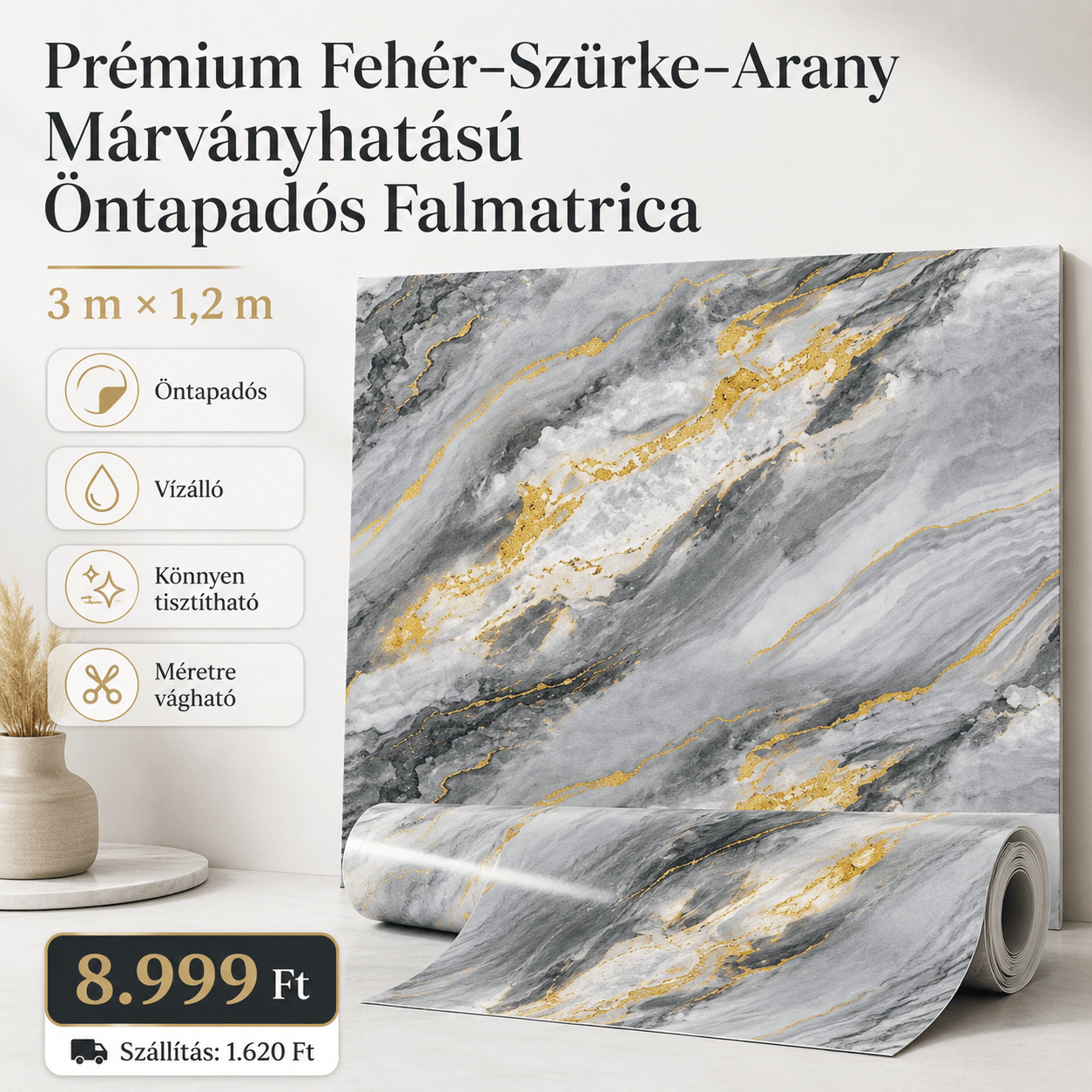 Arany Márványhatású Öntapadós Falmatrica 3 m × 1,2 m - | Cyber Bazaar
