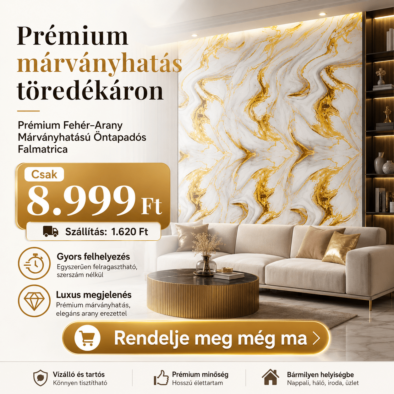 Arany Márványhatású Öntapadós Falmatrica 3 m × 1,2 m - | Cyber Bazaar