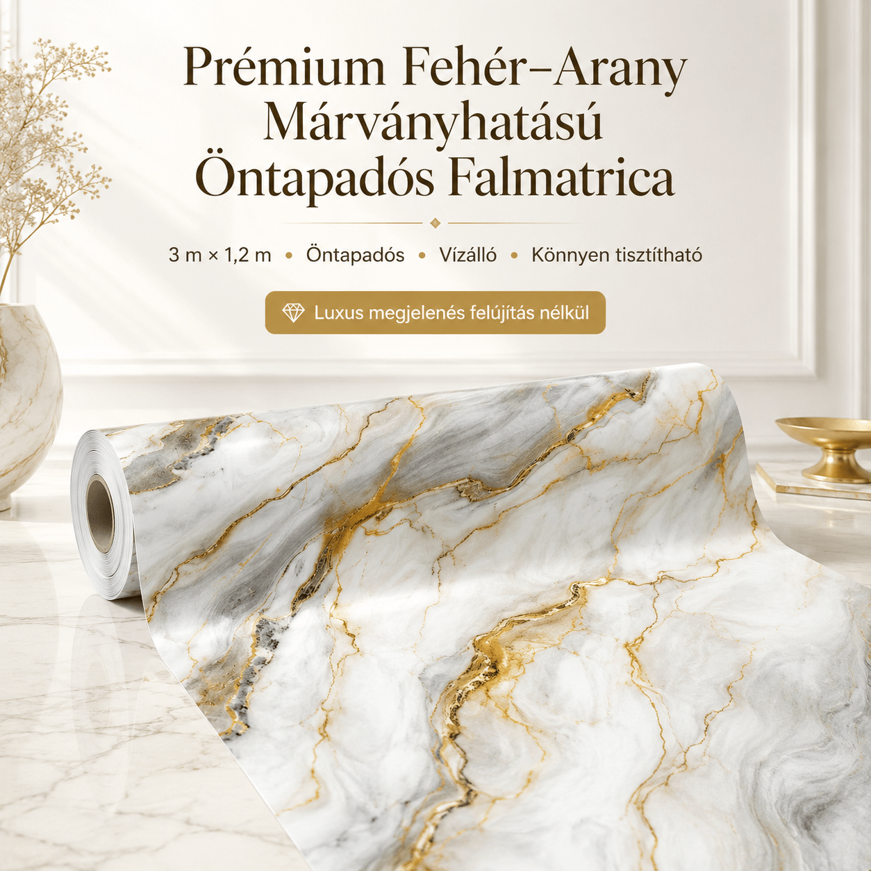 Arany Márványhatású Öntapadós Falmatrica 3 m × 1,2 m - | Cyber Bazaar