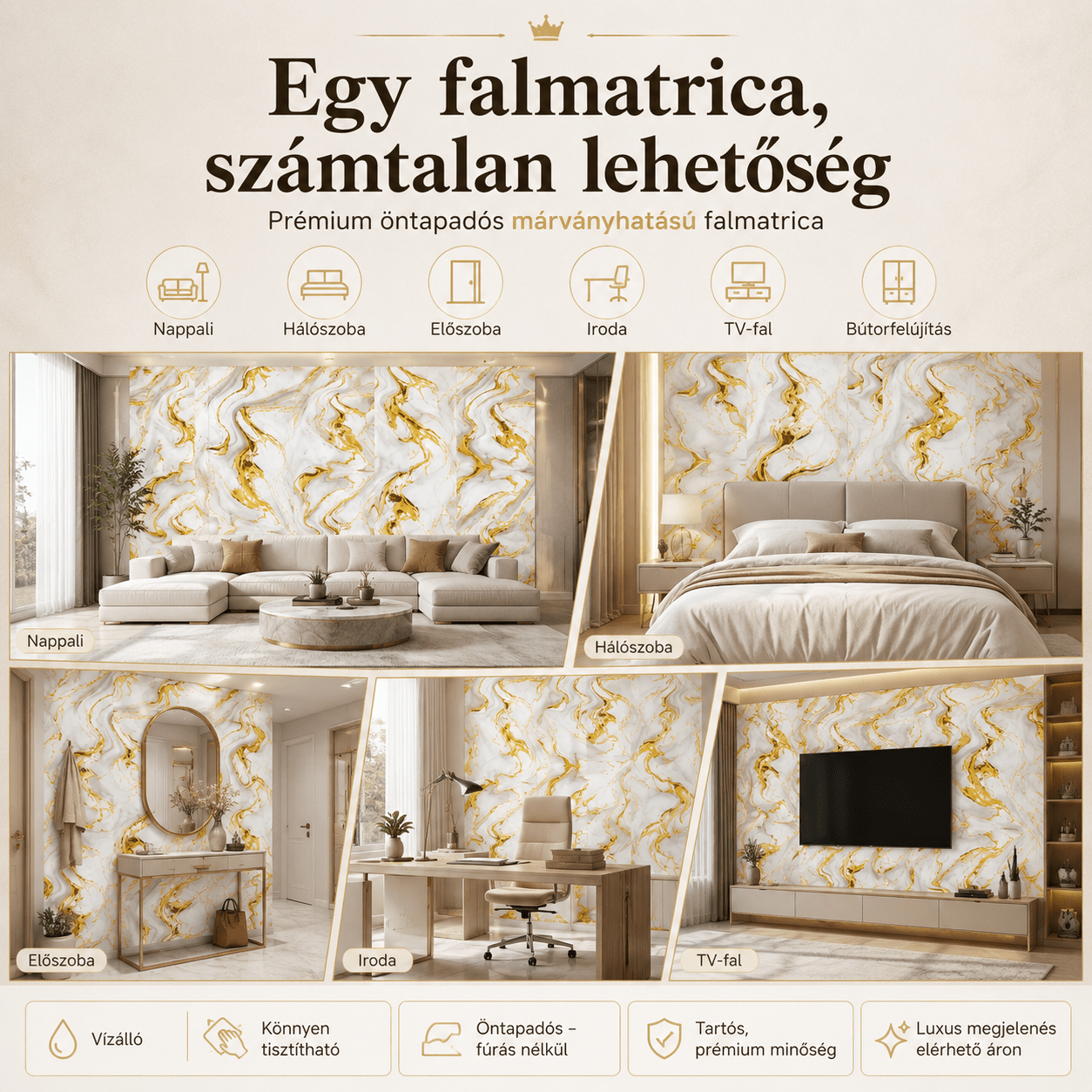 Arany Márványhatású Öntapadós Falmatrica 3 m × 1,2 m - | Cyber Bazaar