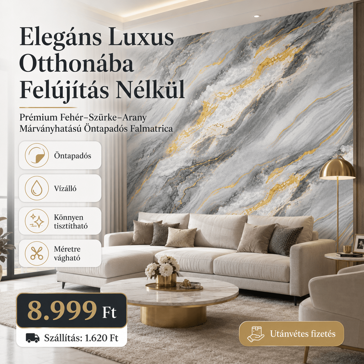Arany Márványhatású Öntapadós Falmatrica 3 m × 1,2 m - | Cyber Bazaar