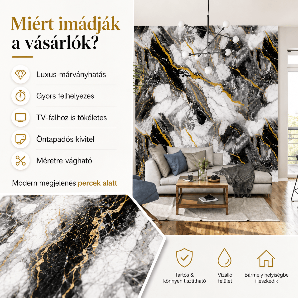 Arany Márványhatású Öntapadós Falmatrica - | Cyber Bazaar