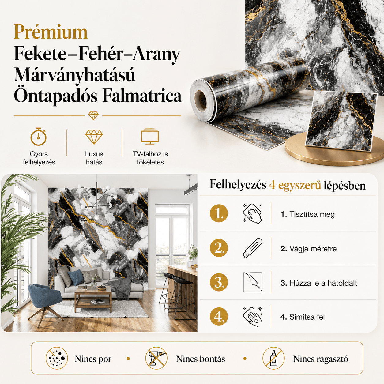 Arany Márványhatású Öntapadós Falmatrica - | Cyber Bazaar