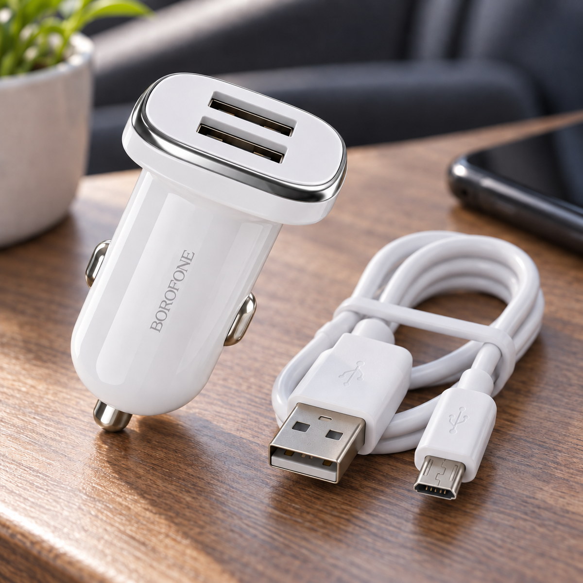 BOROFONE BZ12 dupla USB autós töltő Micro-USB kábellel – részletek
