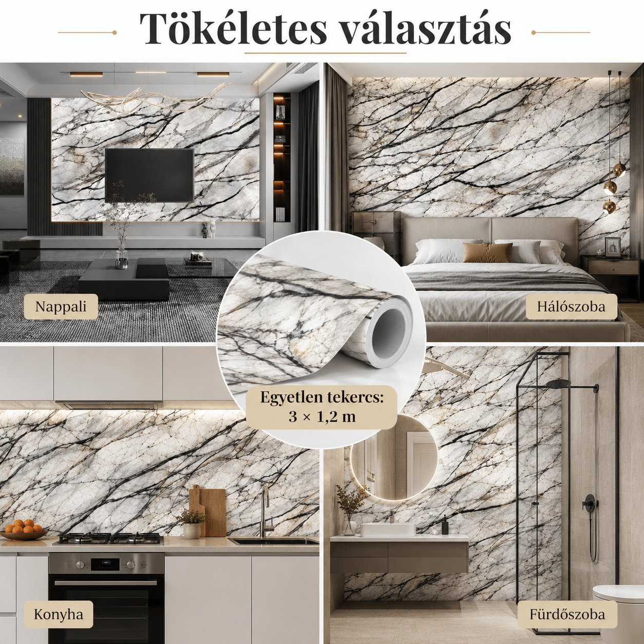 Fehér Márványhatású Öntapadós Falmatrica - | Cyber Bazaar