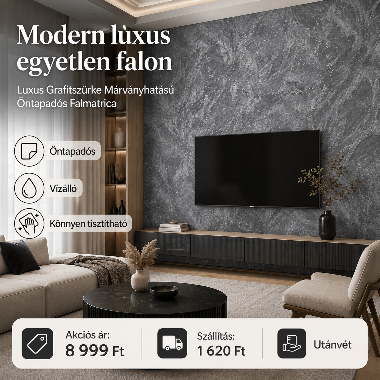 Grafitszürke Márványhatású Öntapadós Falmatrica - | Cyber Bazaar