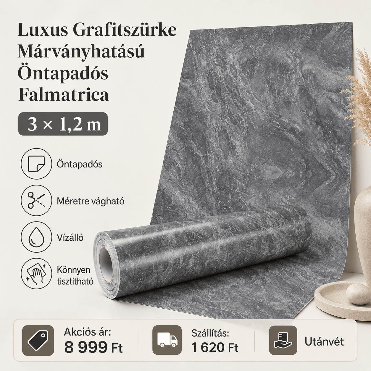 Grafitszürke Márványhatású Öntapadós Falmatrica - | Cyber Bazaar