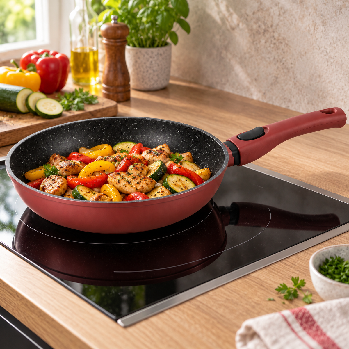 Bachmayer 28 cm indukciós serpenyő fedő nélkül – BM-7709-28 – életkép konyhai vagy autós környezetben (AI-illusztráció)