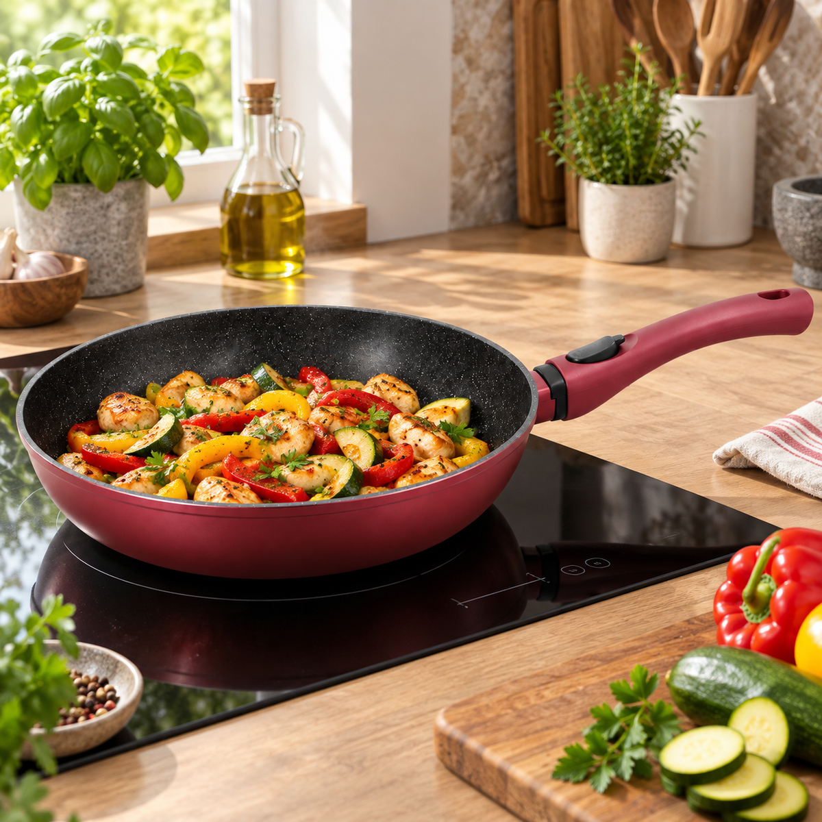 Bachmayer 32 cm indukciós serpenyő fedő nélkül – BM-7709-32 – életkép konyhai vagy autós környezetben (AI-illusztráció)