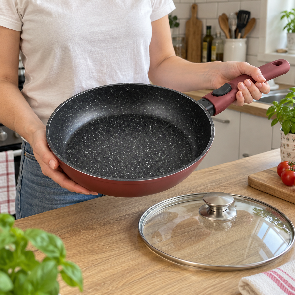 Bachmayer 28 cm indukciós serpenyő üvegfedővel – BM-7710-28 – kézben vagy otthoni bemutatás (AI-illusztráció)
