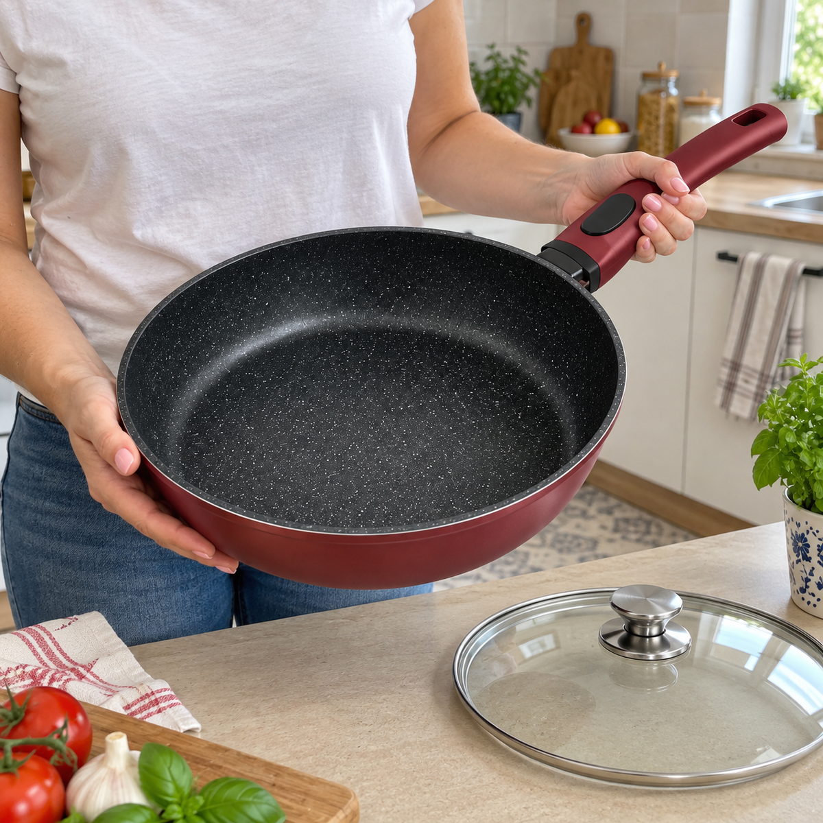 Bachmayer 30 cm indukciós serpenyő üvegfedővel – BM-7710-30 – kézben vagy otthoni bemutatás (AI-illusztráció)