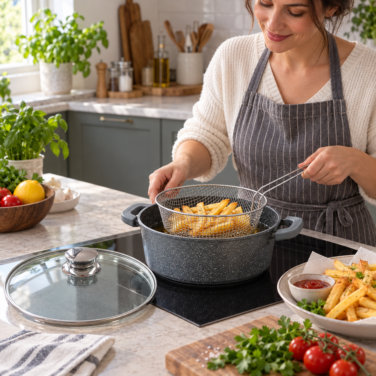 Tapadásmentes lábas sütőkosárral, 24 cm – konyhai környezetben