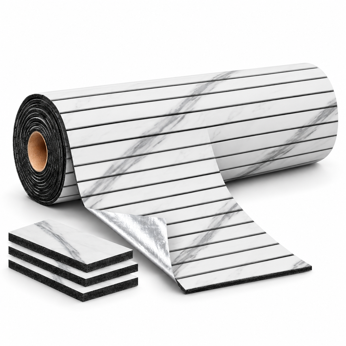 Öntapadós lamellás falburkolat – GS-48, Fehér márvány – erőteljes szürke erezet, 120 × 300 cm