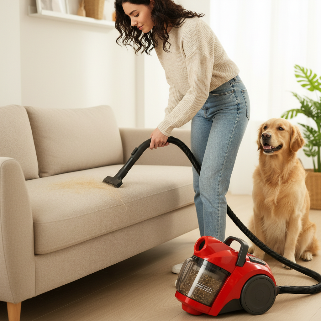 Čišćenje dlaka kućnih ljubimaca - sofa, praktična scena