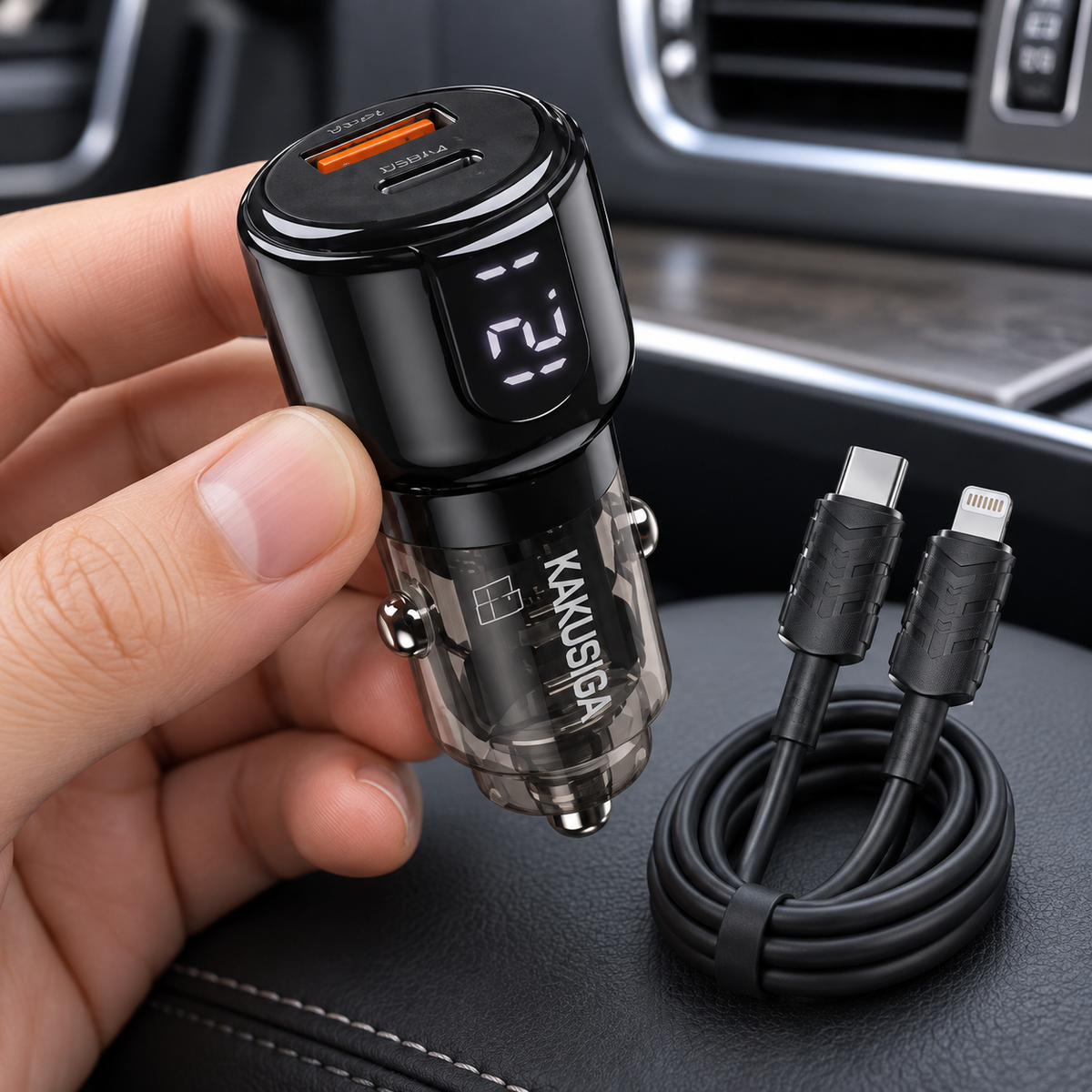 KAKUSIGA 75 W autós gyorstöltő Lightning kábellel – részletek