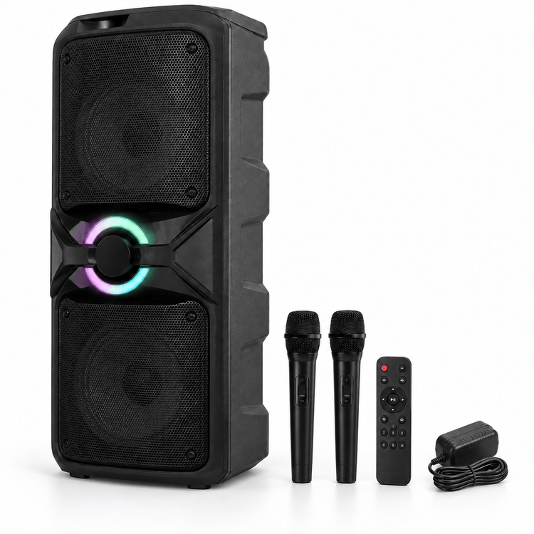Karaoke party hangszóró 2 mikrofonnal – 2 × 12″ - Hangszórók és rádiók | Cyber Bazaar