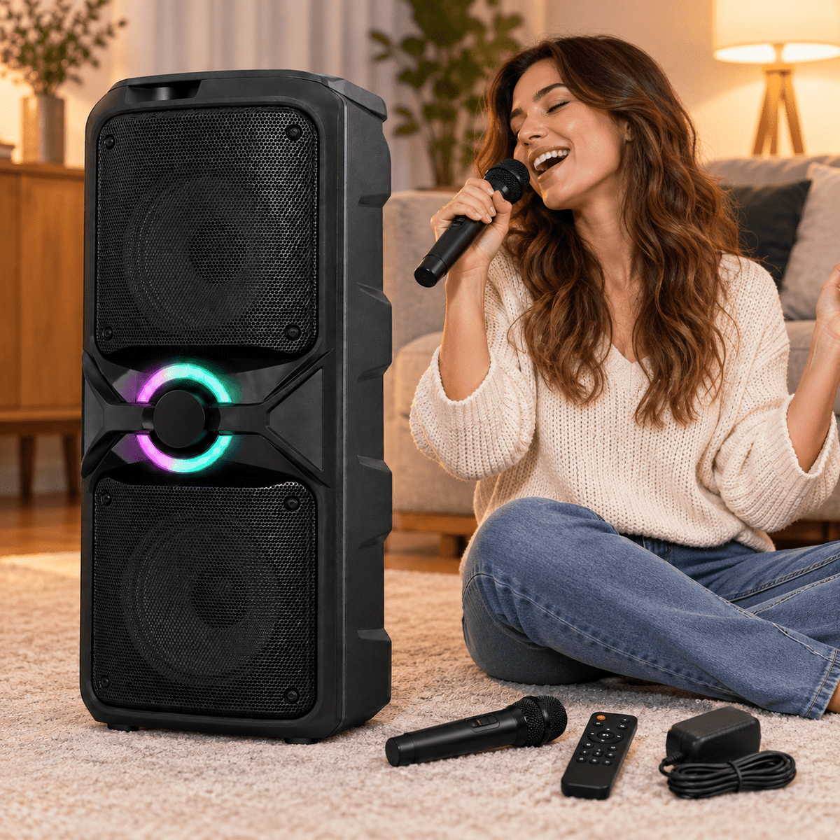 Karaoke party hangszóró 2 mikrofonnal – 2 × 12″ - Hangszórók és rádiók | Cyber Bazaar