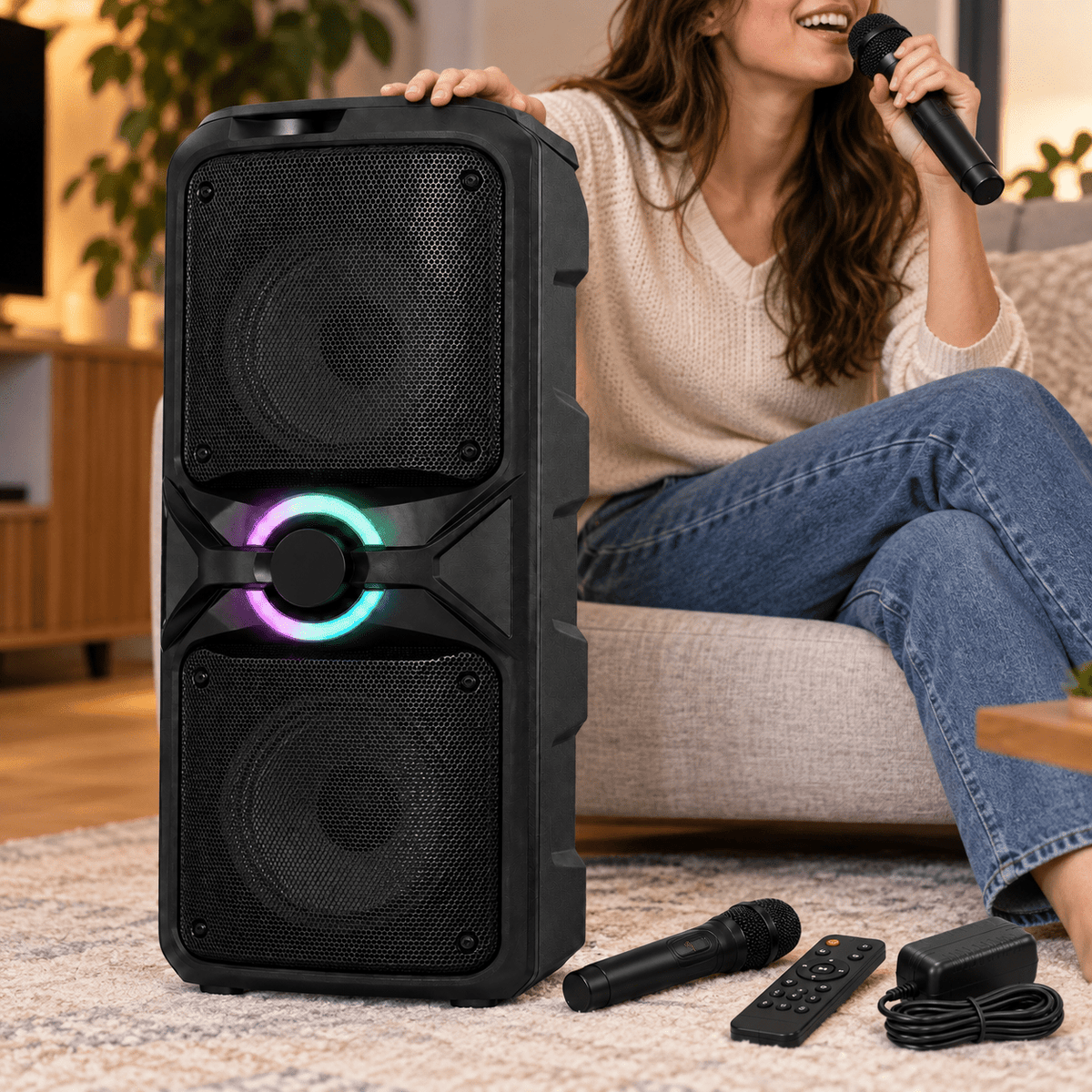 Karaoke party hangszóró 2 mikrofonnal – 2 × 12″ - Hangszórók és rádiók | Cyber Bazaar