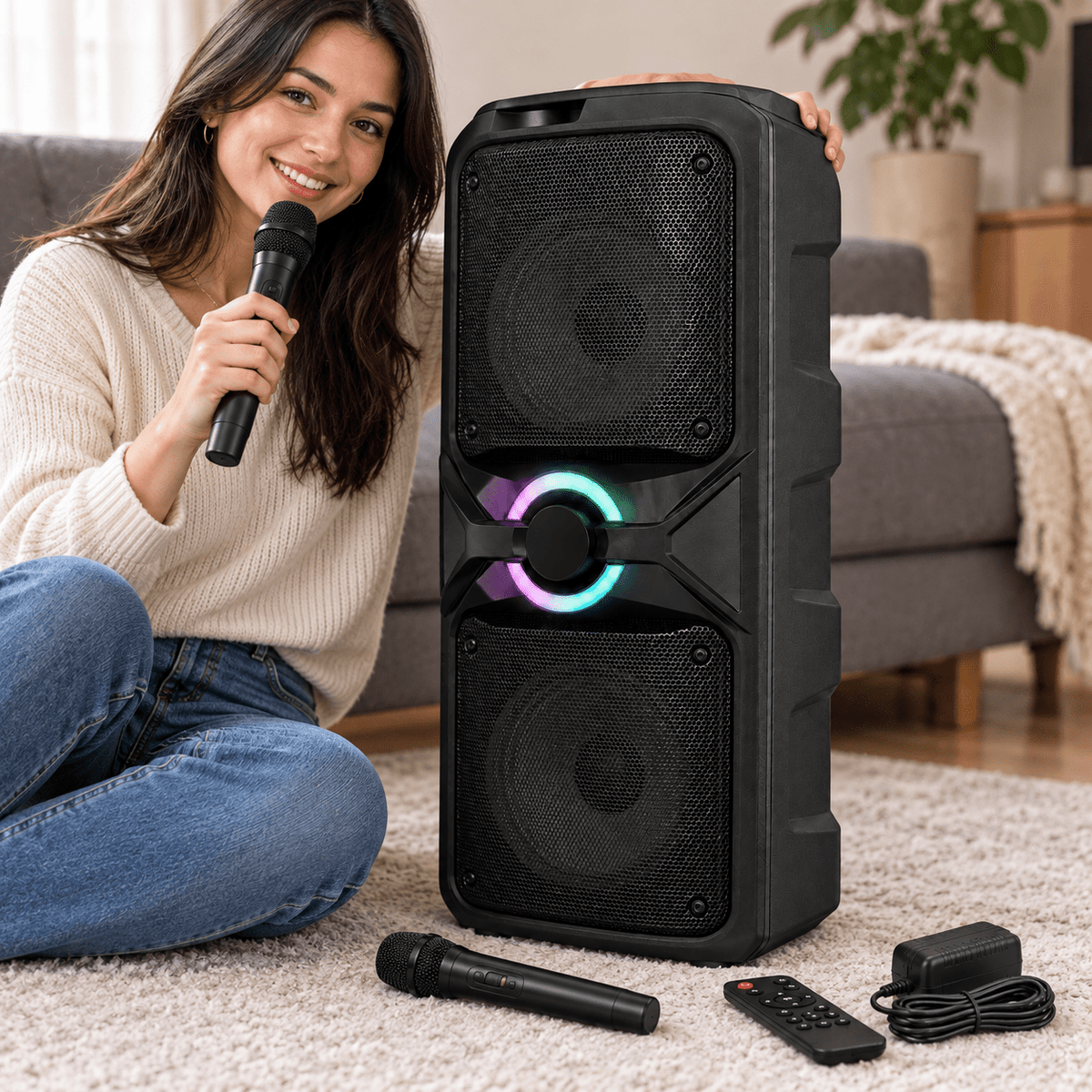 Karaoke party hangszóró 2 mikrofonnal – 2 × 12″ - Hangszórók és rádiók | Cyber Bazaar