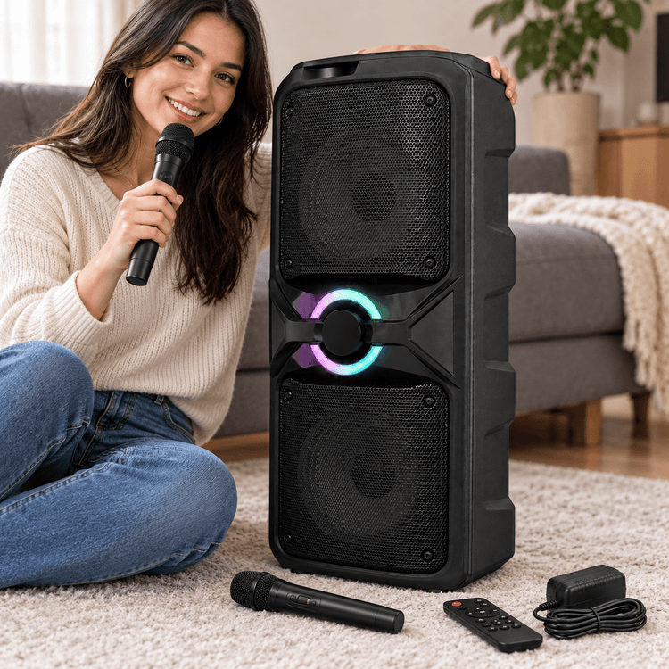 Karaoke party hangszóró 2 mikrofonnal – 2 × 12″ - Hangszórók és rádiók | Cyber Bazaar