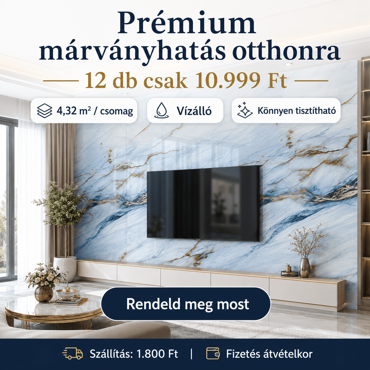Kék - Arany Márvány Mintás PVC Falpanel – 12.DB - | Cyber Bazaar