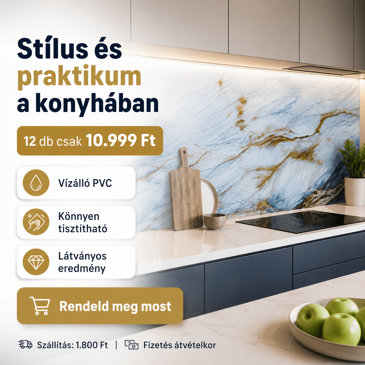 Kék - Arany Márvány Mintás PVC Falpanel – 12.DB - | Cyber Bazaar