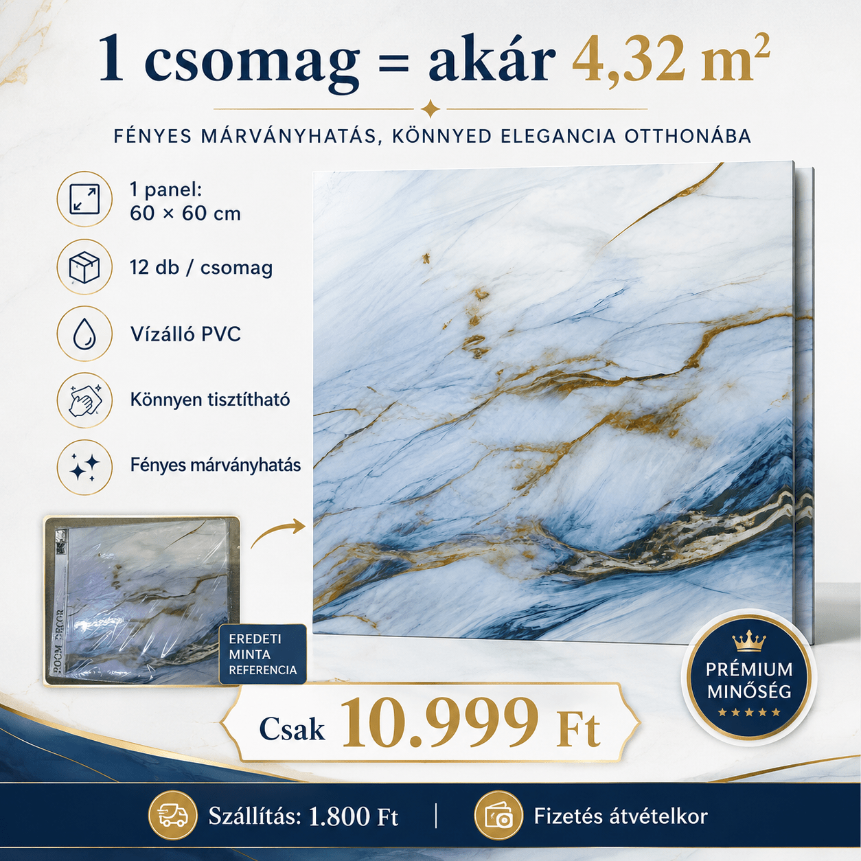 Kék - Arany Márvány Mintás PVC Falpanel – 12.DB - | Cyber Bazaar