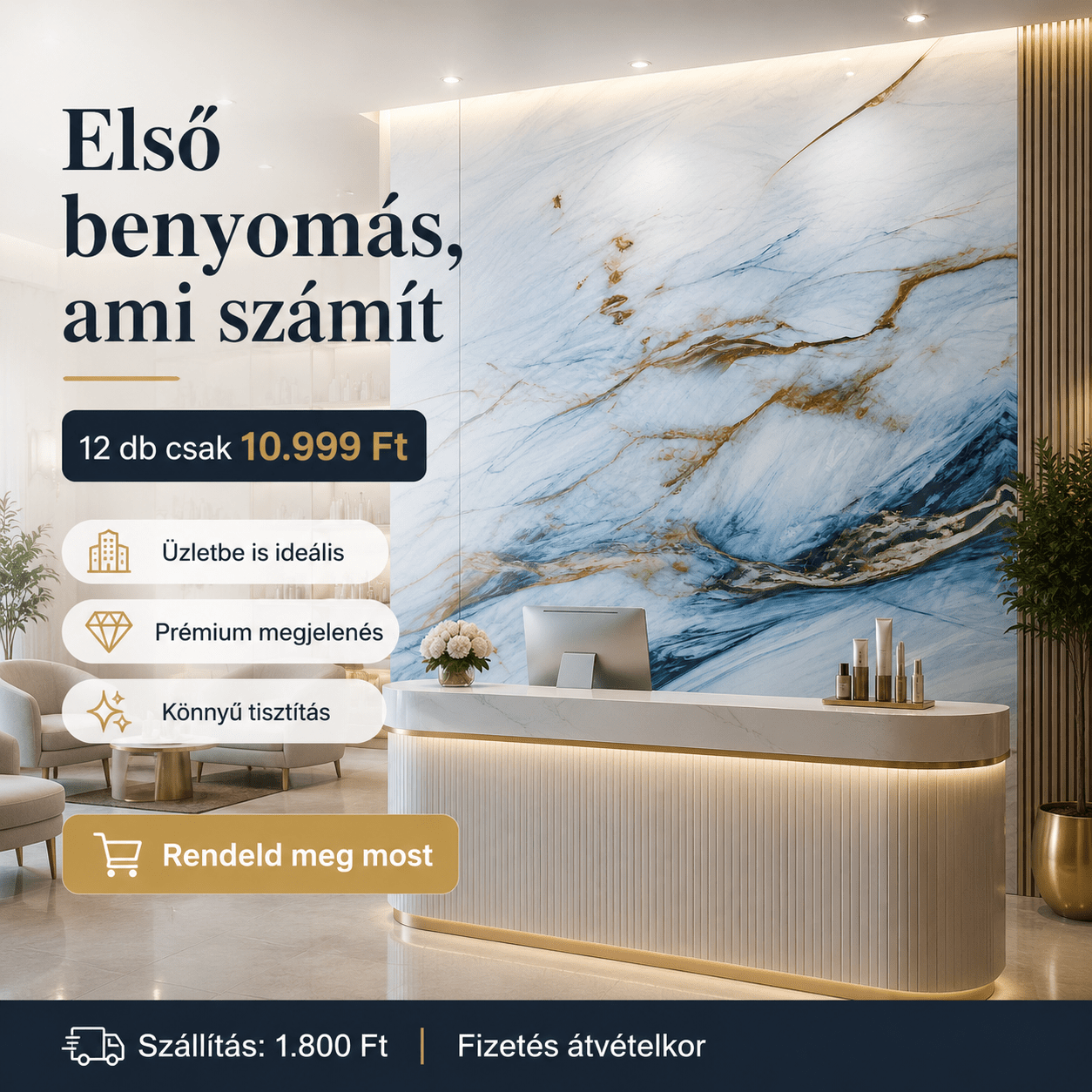 Kék - Arany Márvány Mintás PVC Falpanel – 12.DB - | Cyber Bazaar